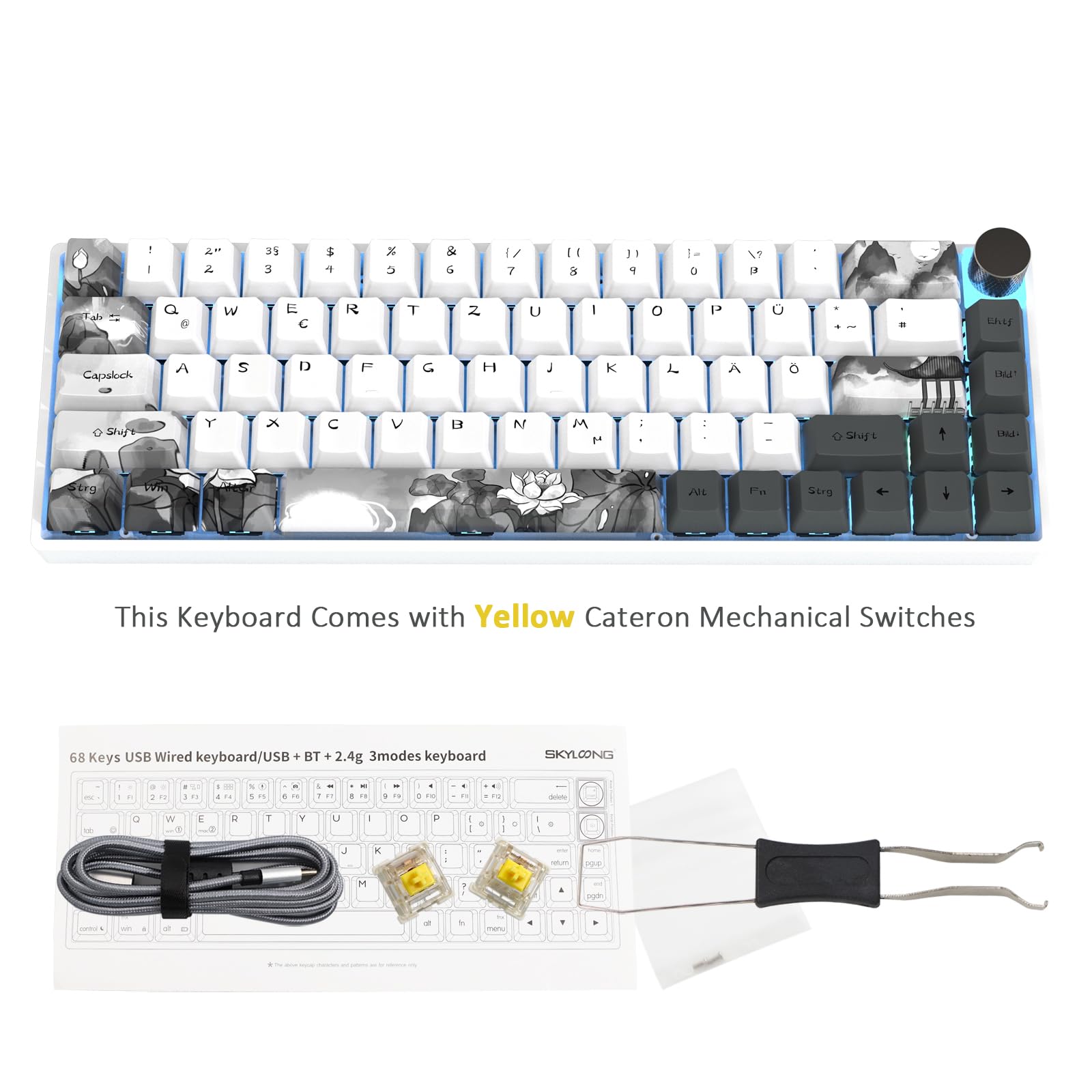 MOLGRIA GK68 68-Key RGB Backlit Hot Swappable Mechanical Gaming Keyboard with Ink Lotus Deutsch Keycaps, Gateron Yellow Switches, Triple Mode Connection & Knob - Compatible with Win/Mac OS - Perfect for Gaming, Typing & Office Work