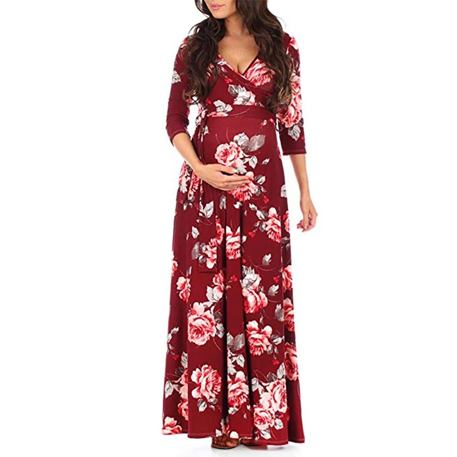 Elegant V-Neck Short Sleeve Maternity Dress for Women - Comfortable Pregnancy Clothes for Photo Shoots, Baby Showers & Everyday Wear