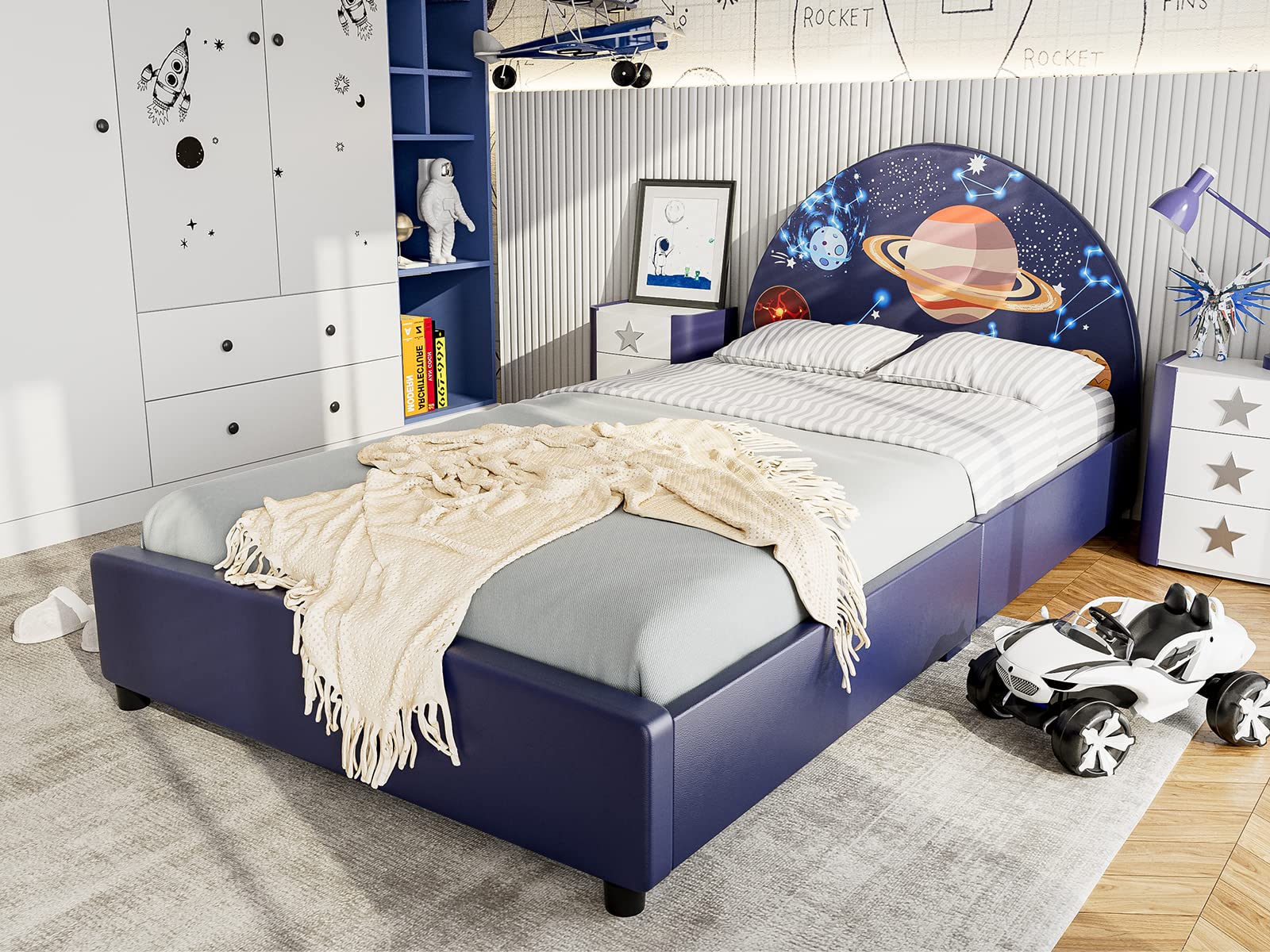 IKIFLY Twin Size Kids Bed Frame with Curved Headboard - Upholstered Platform Bed for Boys & Girls, Teens & Toddlers, No Box Spring Needed (Starry Sky Design) | Perfect for Bedrooms, Playrooms & Dorm Rooms
