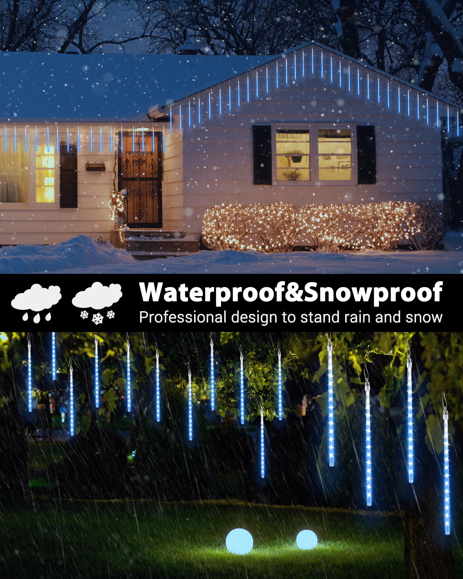 Joomer 11.8 Inch 240 LED Christmas Meteor Shower Lights - 10 Tube Waterproof Outdoor Snowfall Icicle Cascading Lights with Timer & Connectable Design | Perfect for Holiday Decorations, Winter Weddings, and Outdoor Party Lighting (Blue)