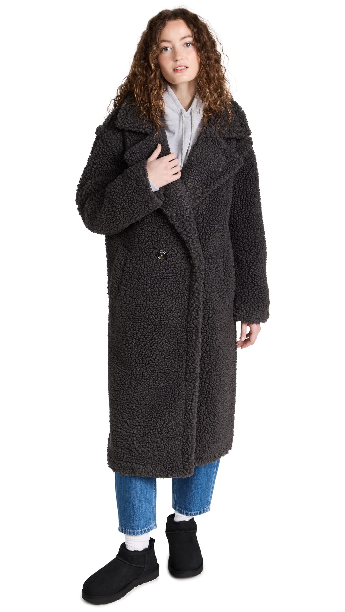 UGG Women's Gertrude Long Teddy Coat - Warm Winter Jacket with Faux Fur Trim | Cozy Outerwear for Cold Weather, Snow Days & Casual Outings
