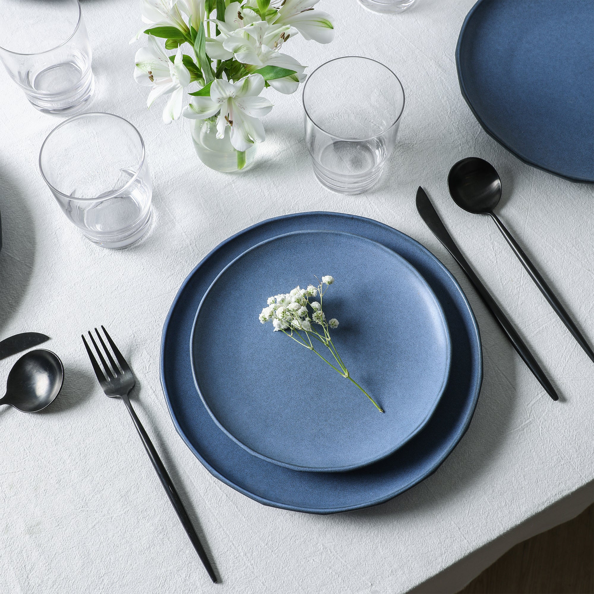 Premium Rio Stoneware Dinnerware Set with Elegant Glassware - Blue Ceramic Plates, Bowls & Cups - Perfect for Family Dinners, Parties & Restaurant-Style Dining