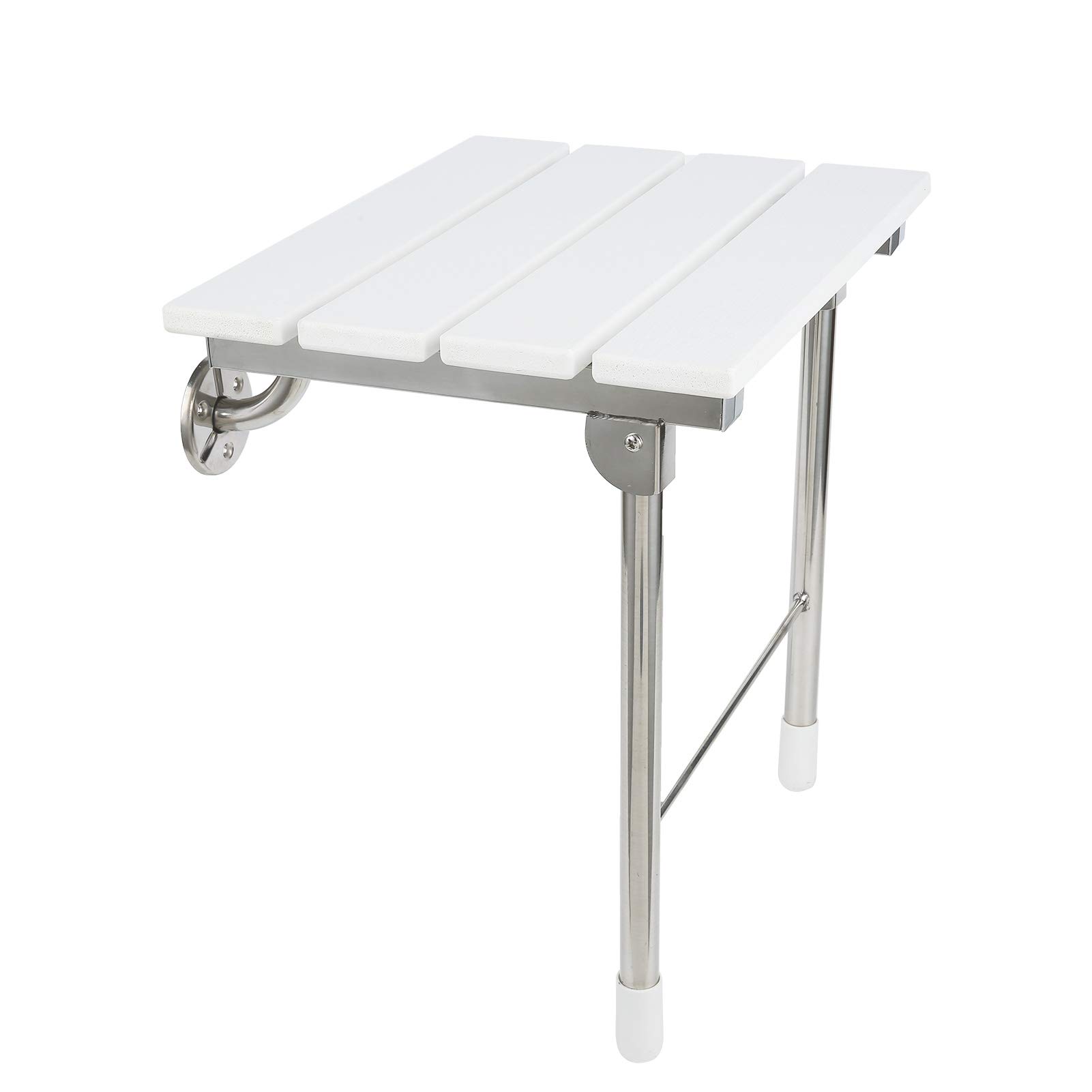 **Wall Mounted Folding Shower Seat – Solid Wood Bathroom Safety Stool with Support Legs, 350 lbs Weight Capacity, 14.88