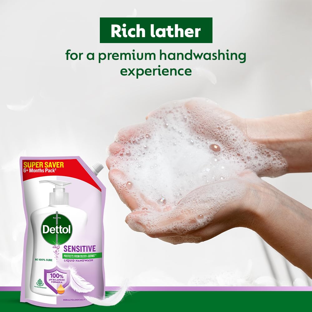 Dettol Sensitive Liquid Hand Wash Refill - 675ml (Pack of 2) | Gentle Antibacterial Hand Soap for Sensitive Skin | Ideal for Home, Kitchen & Bathroom Use