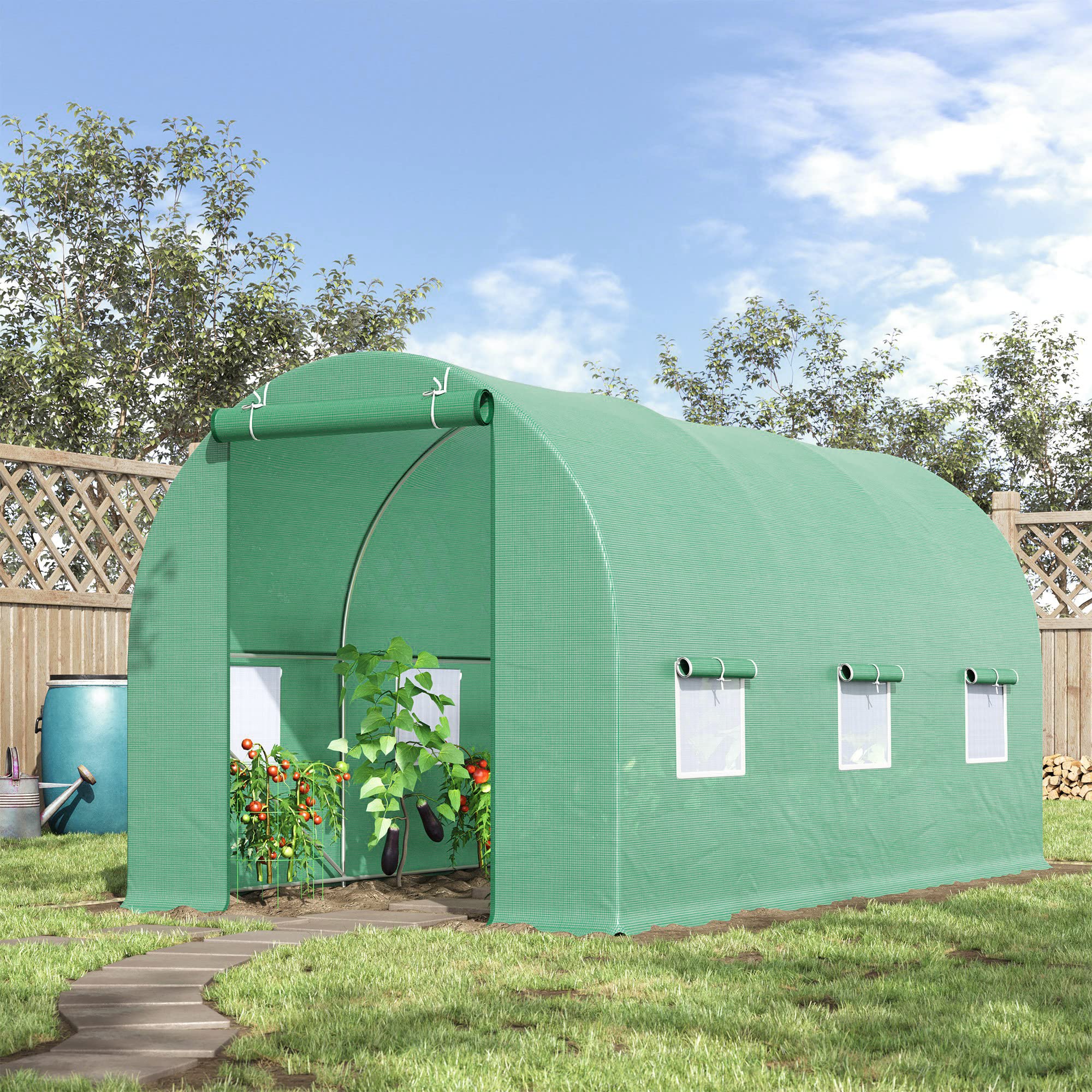 Outsunny 15' x 6' x 7' Walk-in Tunnel Greenhouse with Roll-Up Door & Windows, PE Cover Plant Growing House - Ideal for Backyard Gardening, Patio Plant Protection & Year-Round Vegetable Cultivation