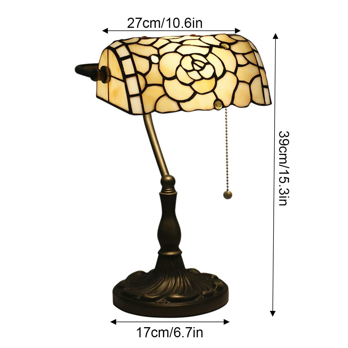 Tiffany Style Desk Lamp - Handmade White Flower Glass Shade with Pull Switch | Banker's Lamp & Decorative Table Light for Office, Bedside, Living Room, Bedroom, Bar & Cafe | Perfect for Reading, Study & Home Decor