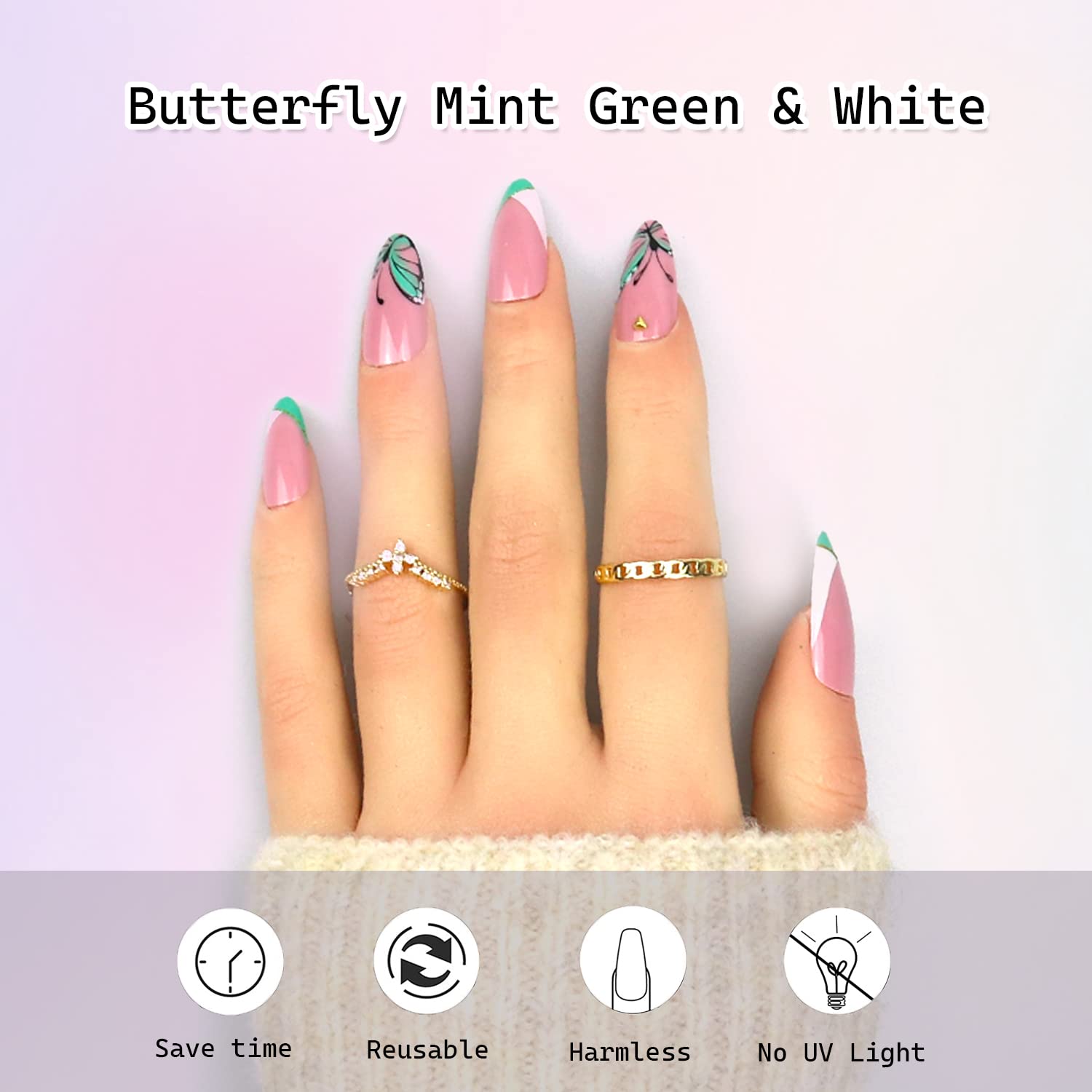 Butterfly Press on Nails - Almond Medium Length Fake Nails with French U-Shaped White Green Acrylic Design & Rhinestones - 24Pcs Full Cover Glue on Nails for Women & Girls - Perfect for Parties, Weddings, and Special Occasions
