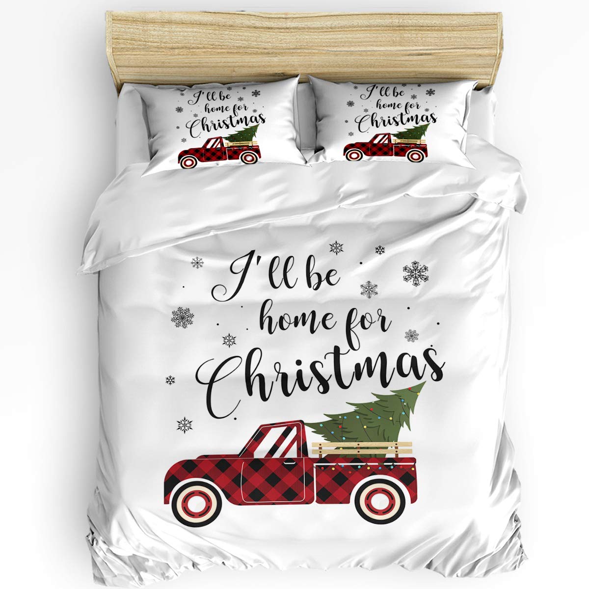 Red Truck Christmas Tree Duvet Cover Set - Snowflake Buffalo Check Plaid 3-Piece Bedding Set for Twin Bed (Includes 1 Duvet Cover + 2 Pillowcases) - Cozy Holiday Home Decor for Winter Bedroom