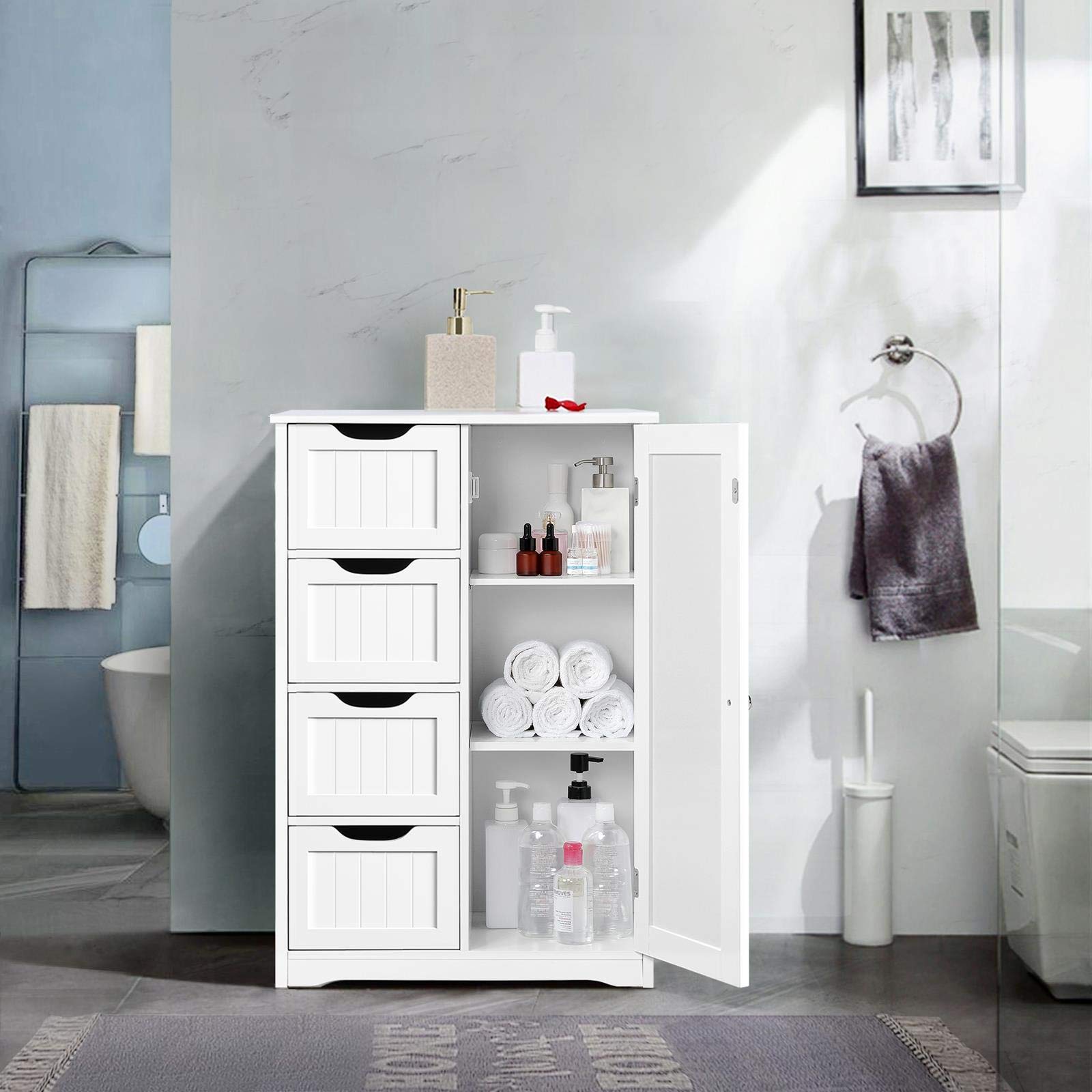 Yaheetech White Wooden Floor Cabinet - 4 Drawers & 1 Cupboard Storage Organizer, Freestanding Entryway Console Table for Bathroom, Living Room, Bedroom & Home Decor