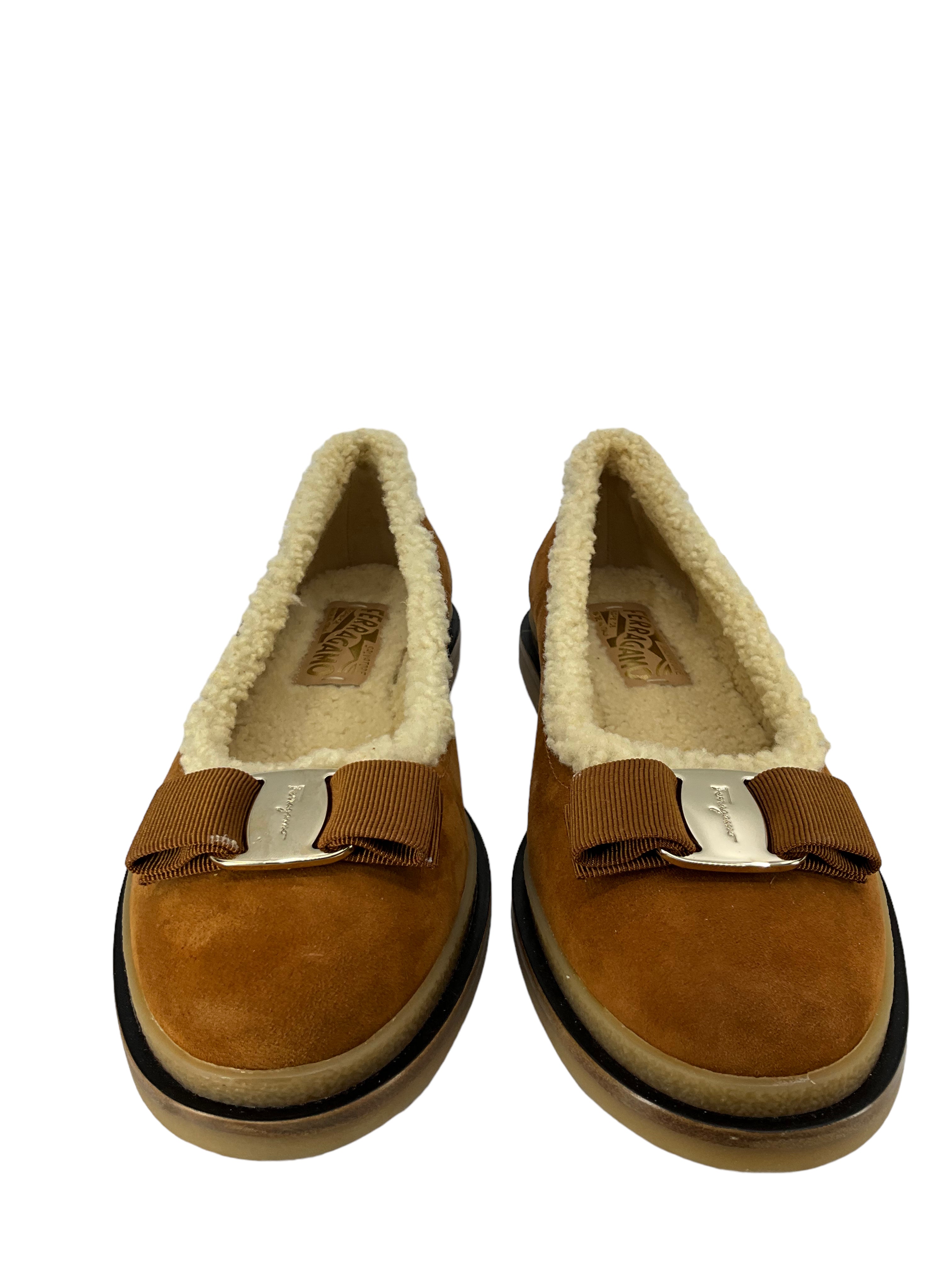 Salvatore Ferragamo Varina Suede Shearling Ballerina Flats - Women's Brown Size 7.5 | Comfortable Winter Shoes for Work & Casual Outfits