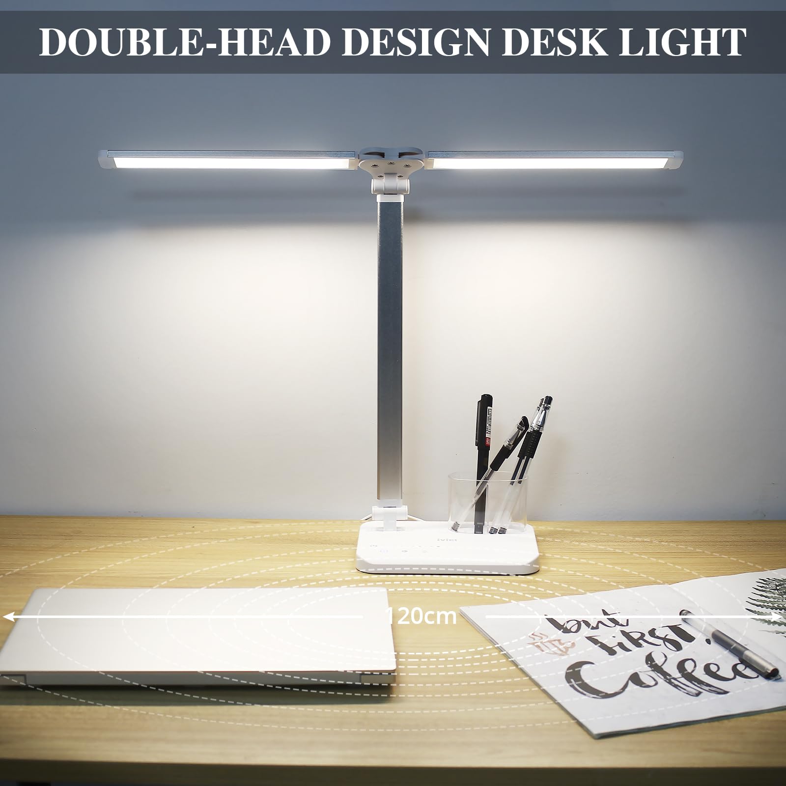 iVict Dual Swing Arm LED Desk Lamp - 5 Light Modes & 10 Brightness Levels with USB Charging Port, 45-Min Auto Timer | Adjustable Table Lamp for Home Office, Bedroom, Reading & Study | Perfect for Night Work, Online Classes & Crafting