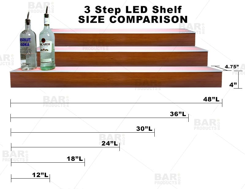 BarConic® 3-Tier LED Liquor Bottle Display Shelf - Wild Cherry Finish, Adjustable Lengths for Home Bar, Restaurant & Retail Store Showcase