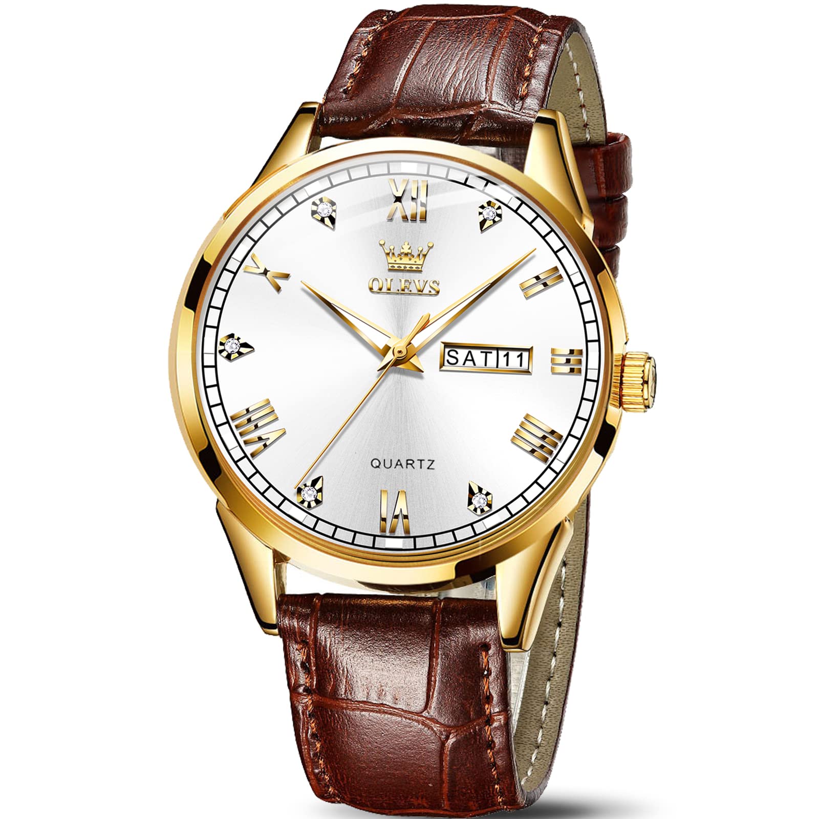 OLEVS Men's Brown Leather Watch - Rose Gold Quartz, Waterproof for Daily Wear & Dress Occasions
