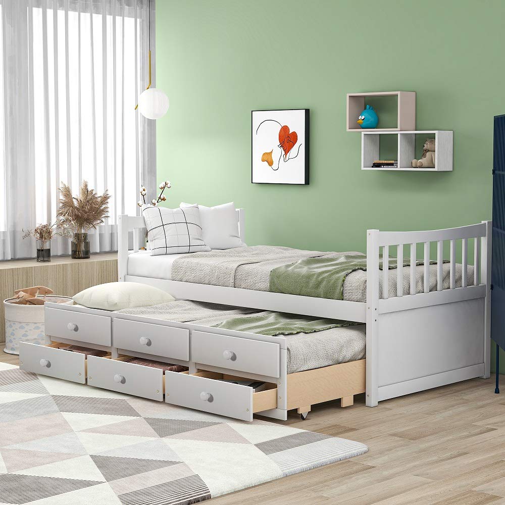 **White Twin Size Captain's Bed with 3 Storage Drawers - Wooden Daybed for Kids & Teens, Space-Saving Bed Frame for Living Room, Guest Room, or Dorm**
