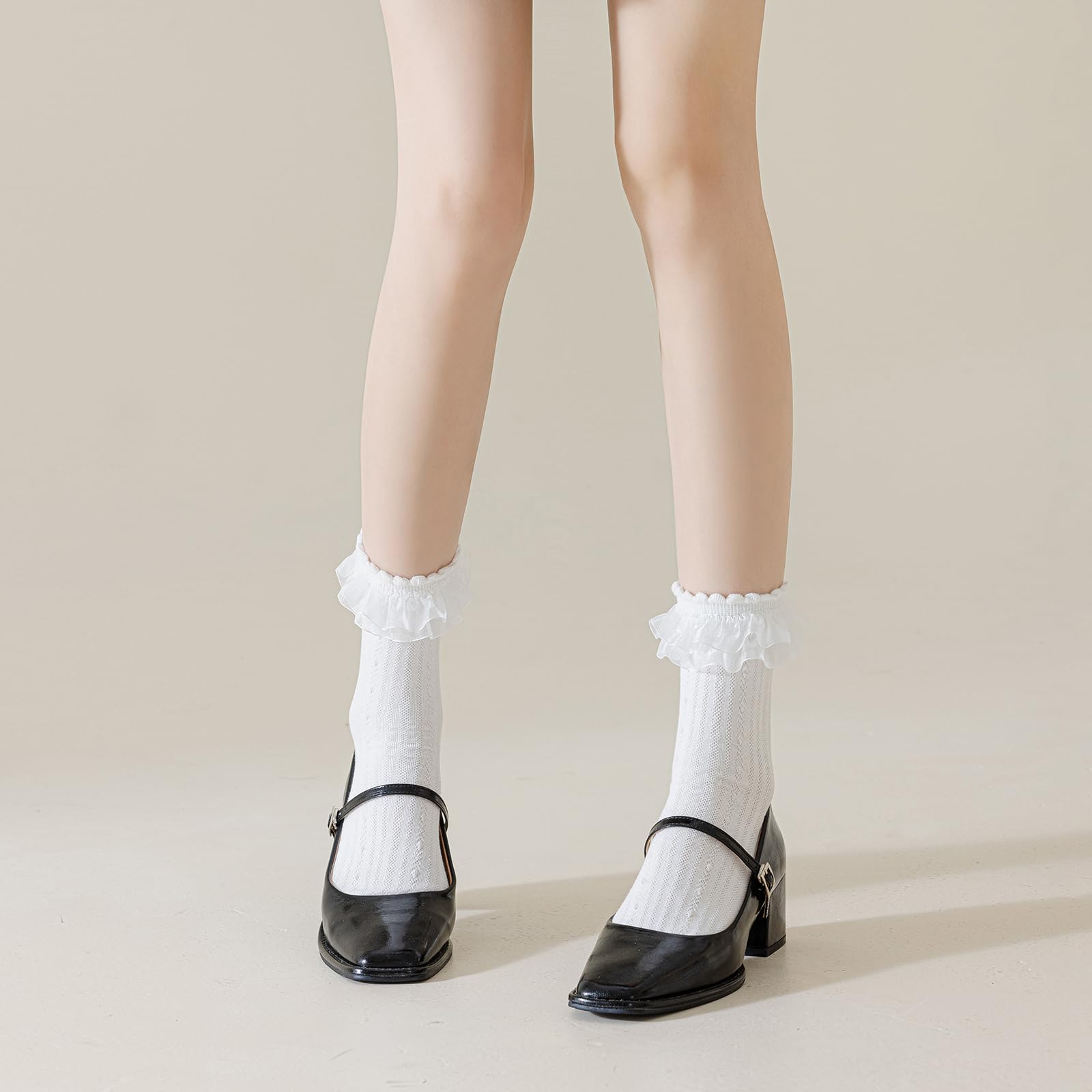 BIVOLU Women's Crew Socks - 4 Pack Lace Ruffle Frilly Cotton Ankle Socks for Girls | Cute Princess Dress Socks | Perfect for School, Parties & Everyday Wear