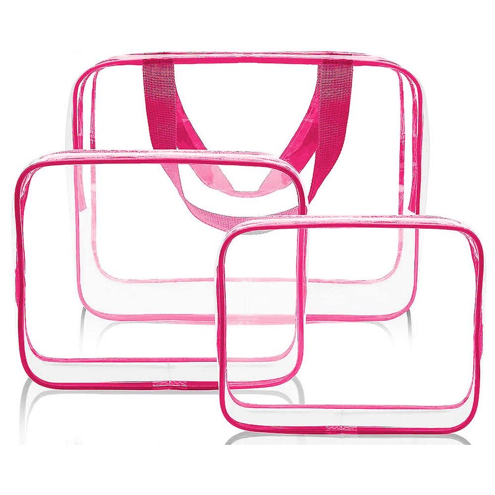 3 in 1 Clear Toiletry Bag with Zipper - Waterproof PVC Travel Cosmetic Organizer for Makeup & Toiletries - Transparent Wash Bag for Luggage, Gym, Camping & Air Travel - 3 Pack (Pink)