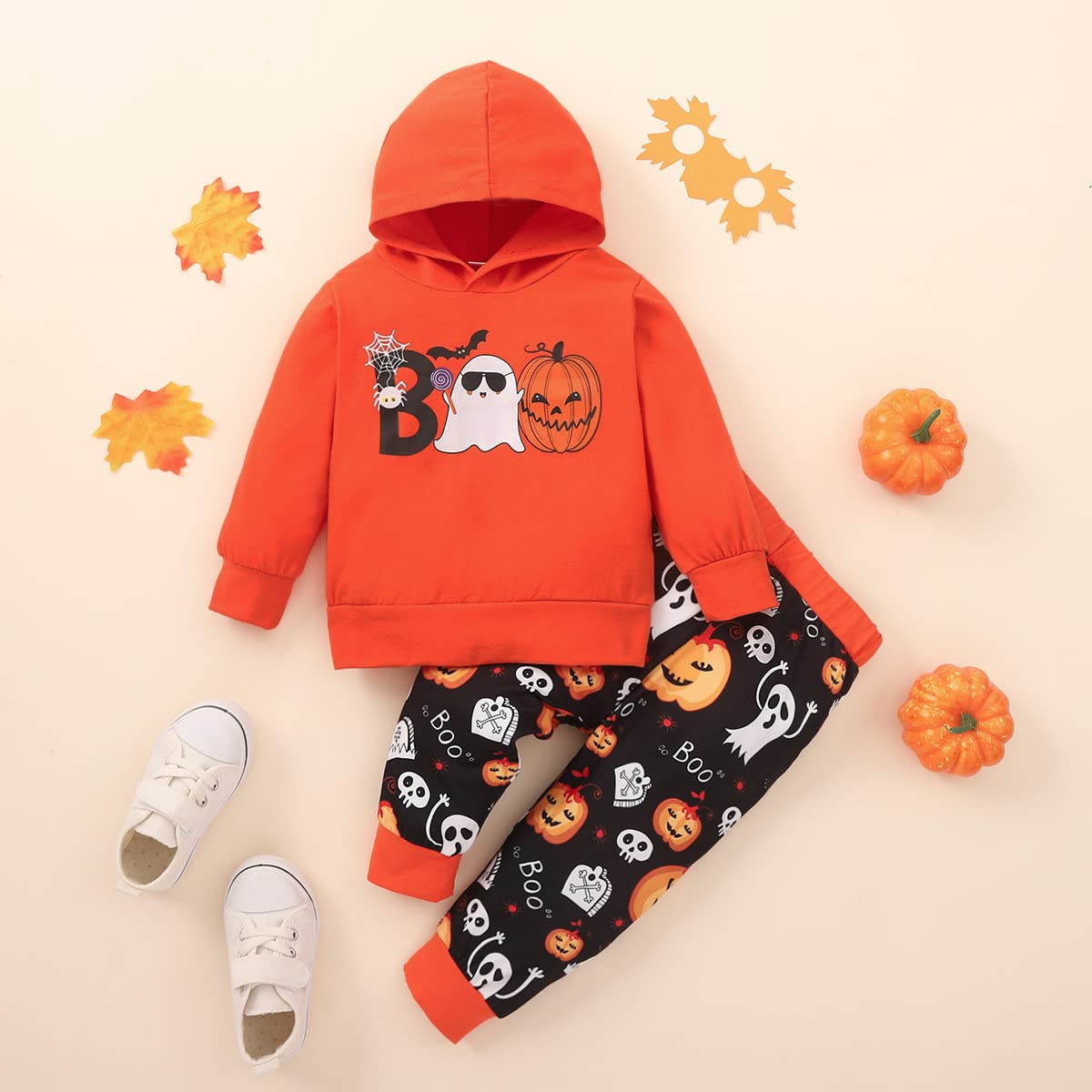 Ritatte Baby Boy Halloween Costume - Long Sleeve Pumpkin Ghost Hoodie & Pants Set for Toddlers | Fall Winter Outfit for Trick-or-Treating, Photo Shoots & Seasonal Parties