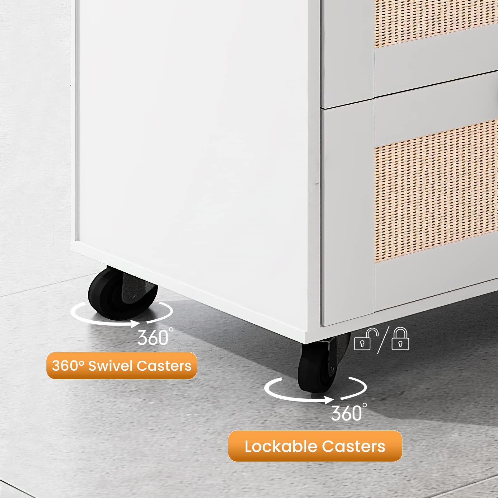 AWQM 3-Drawer Wooden Filing Cabinet with Lock - Office Storage Cabinet, Printer Stand with Open Shelves, Rattan Mobile File Organizer for Home & Office, White - Perfect for Document Storage, Printer Organization & Home Office Decor