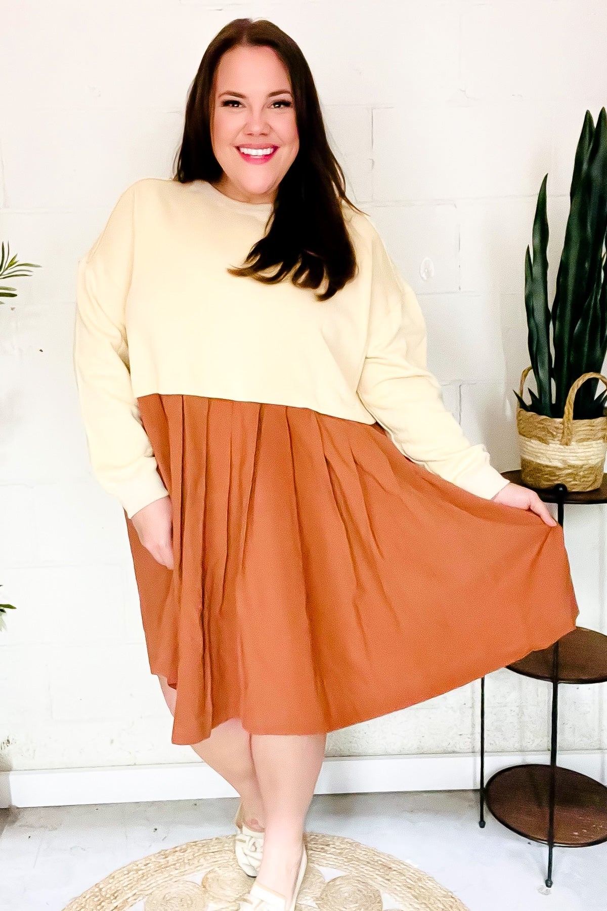 Stylish Bedazzled Cream & Rust Pleated Skirt - French Terry Cotton Dress for Women | Casual & Party Wear | Perfect for Date Nights, Office Outfits & Special Occasions