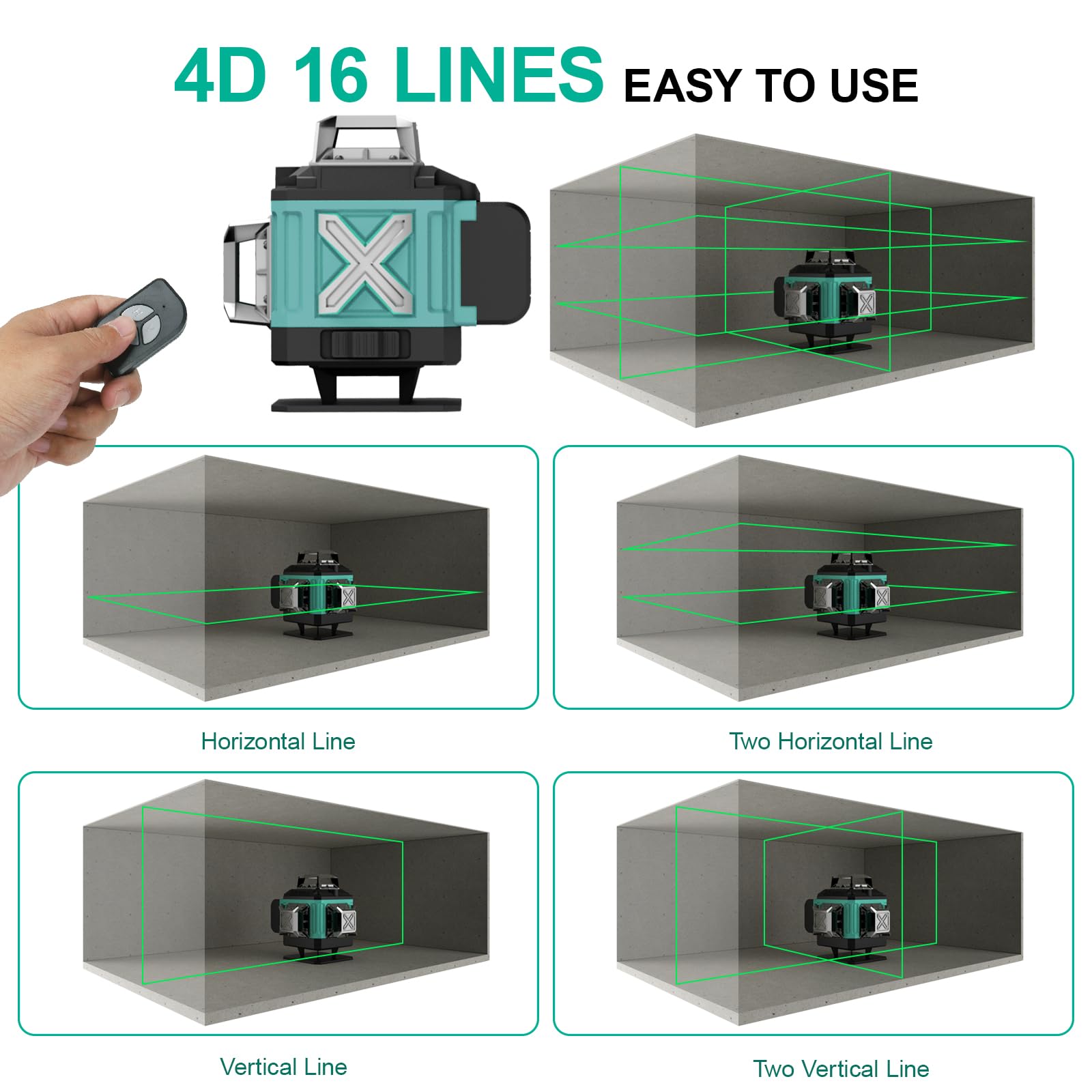 16-Line 360° Self-Leveling Laser Level - 4D Green Cross Line Laser Level for Construction, Picture Hanging & DIY Projects | Includes 2 Batteries, Magnetic Bracket & Remote Control | Perfect for Wall Mounting, Tile Installation & Home Renovation