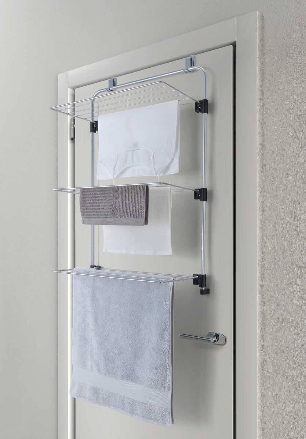 3-Tier Over Door Clothes Drying Rack - Space Saving Silver Hanging Organizer for Laundry, Towels & Clothes - Perfect for Apartments, Dorms & Small Spaces