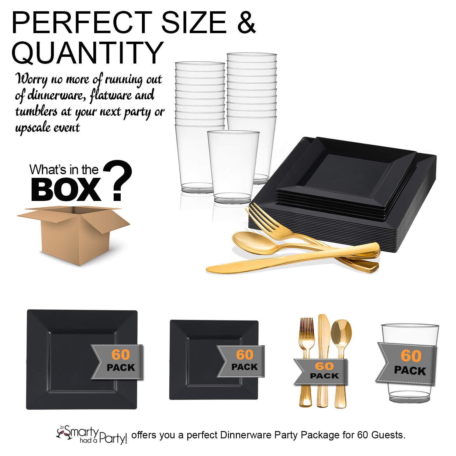 60-Piece Disposable Plastic Dinnerware Set - Square Black Plates, Dessert Plates, Silverware & Cups for Parties, Weddings & Events | Elegant & Convenient Tableware for Any Occasion