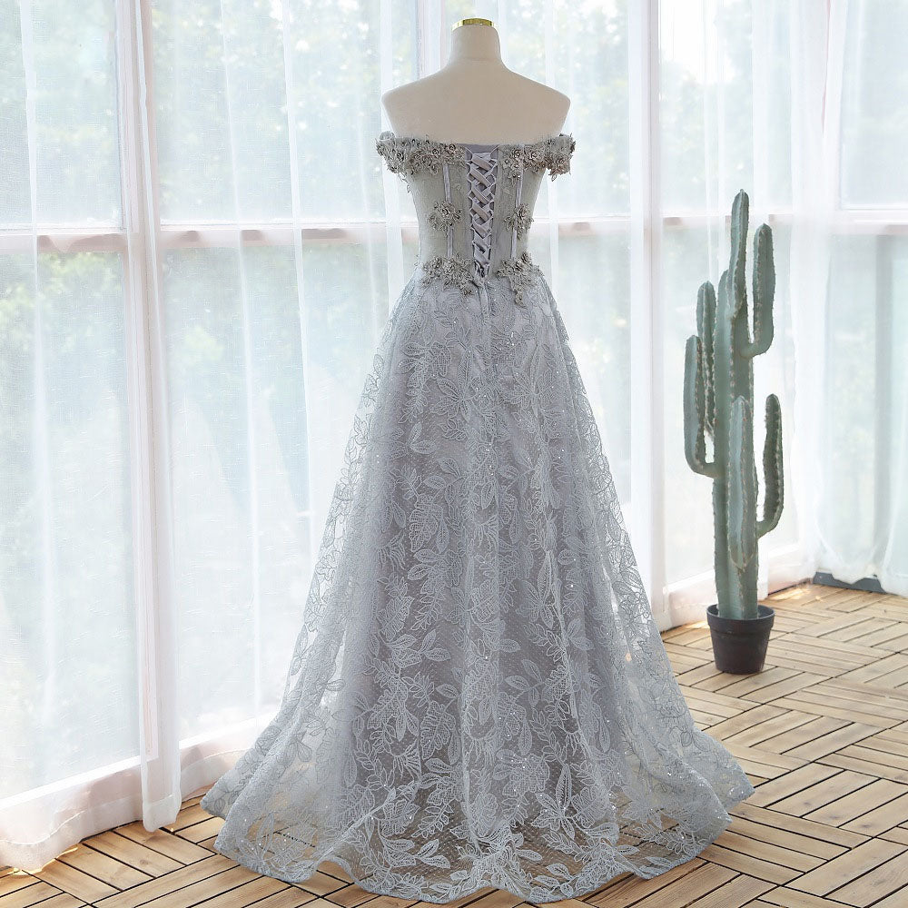Elegant Off Shoulder Gray Sequins Evening Gown with Lace - Formal Party Dress for Women - Perfect for Prom, Wedding, and Black Tie Events