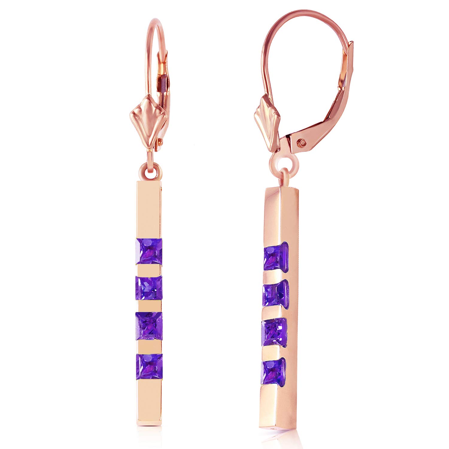 14K Rose Gold Dangle Bar Earrings with Genuine Purple Amethyst Gemstones - Elegant Women's Jewelry for Parties, Weddings & Special Occasions