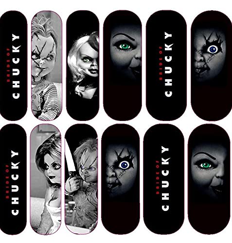 Scary Movie Halloween Nail Art Decals - Horror Nail Stickers Featuring Michael Myers, Chucky Doll & Bride Designs - Water Slide Nail Transfers for DIY Halloween Nail Art (Perfect for Halloween Parties, Cosplay & Horror Movie Theme Nails)