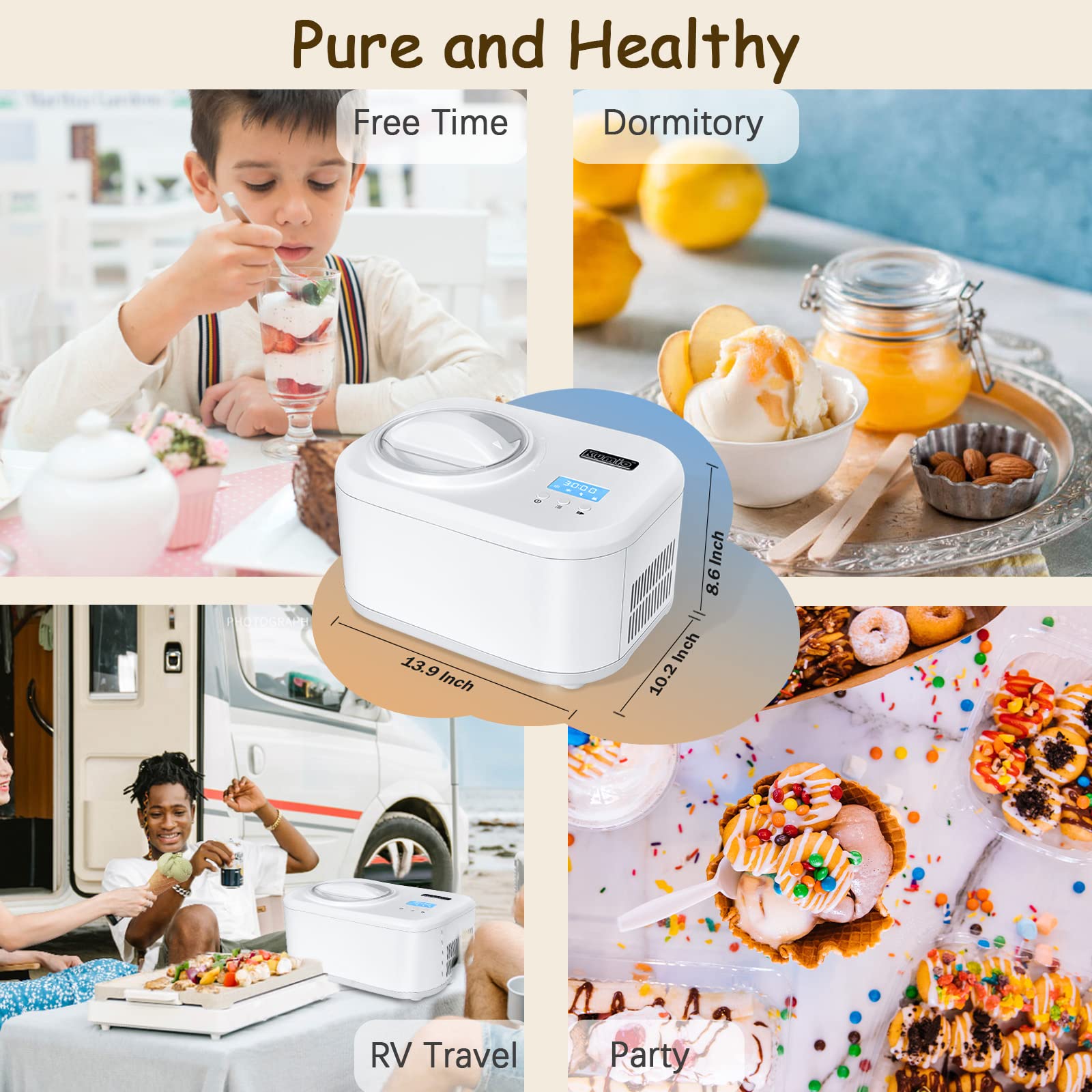 KUMIO 1.2-Quart Automatic Ice Cream Maker with Compressor - No Pre-Freezing Needed, 4 Modes for Frozen Yogurt, Sorbet & Gelato with LCD Display & Timer | Keep Cool Function | Perfect for Home Kitchen, Parties & Dessert Shops