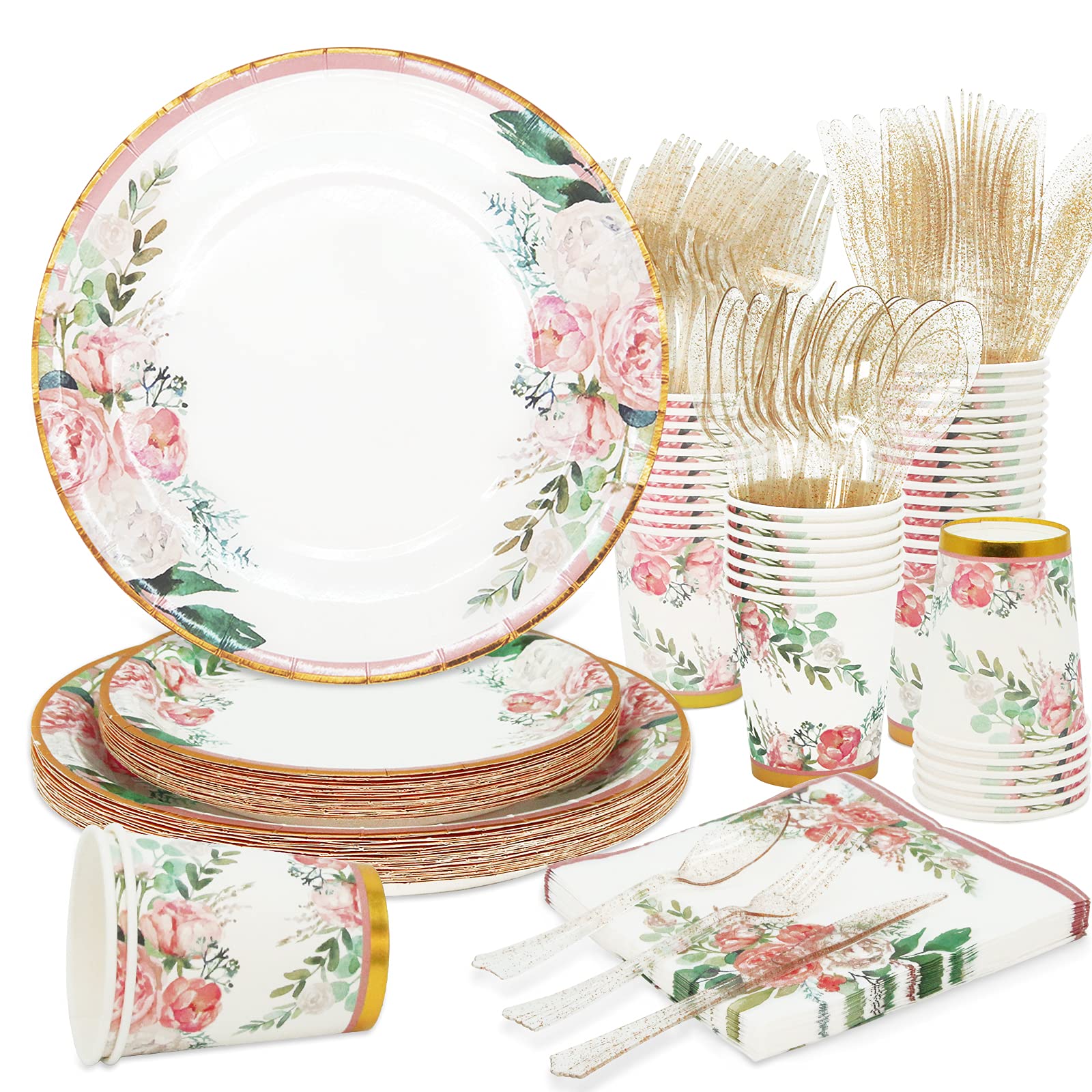 Floral Party Supplies Set for 24 Guests - Disposable Dinner Plates, Cups, Cutlery & Napkins | Perfect for Bridal Shower, Baby Shower, Birthday & Tea Party Decorations