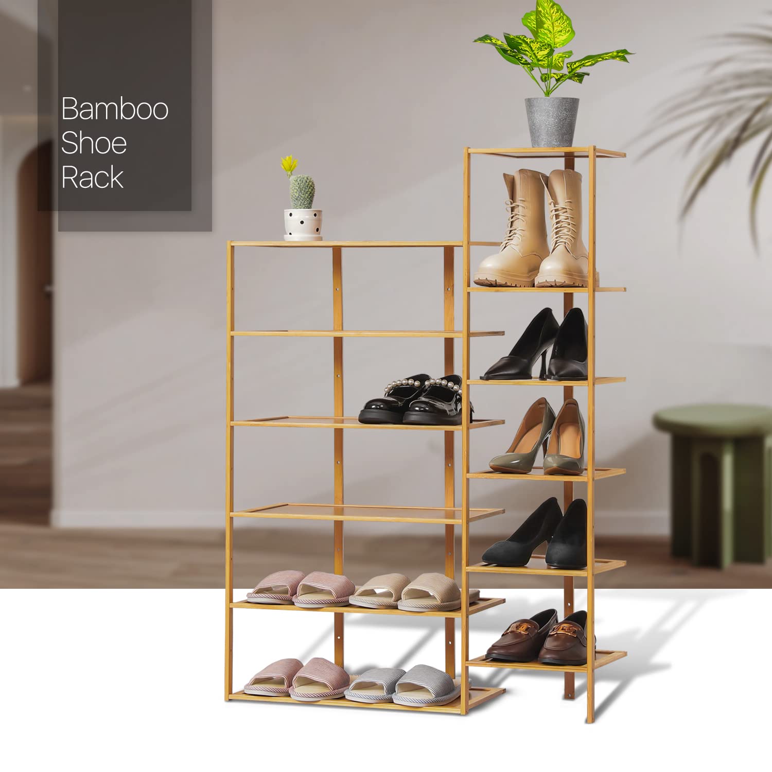 MoNiBloom 12-Tier Bamboo Shoe Rack - Space Saving Vertical Shoe Organizer for Entryway, Closet, Bedroom, Hallway - Natural Wood Shoe Storage Shelf for Sneakers, Boots & Heels - Perfect for Small Spaces & Home Organization