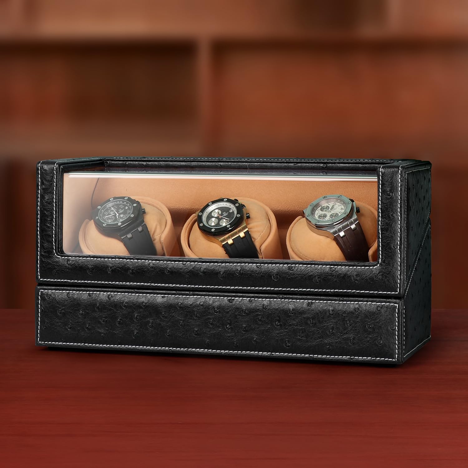 Premium Automatic Watch Winder for Rolex & Luxury Watches - Silent Motor, Black Ostrich Leather Case with Velvet Pillows | Perfect for Watch Collection Display, Travel & Safe Storage