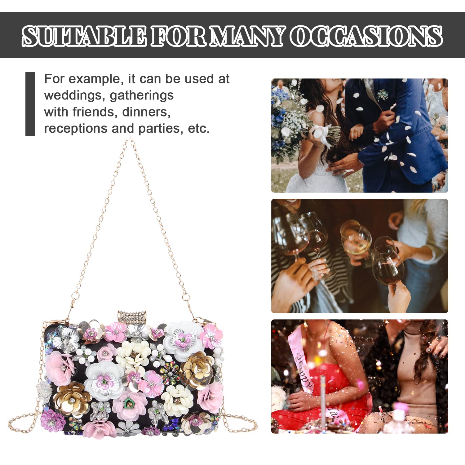 Stylish Women's Floral Evening Handbags with Rhinestones - Elegant Clutch Purse for Bride, Wedding & Party - Chain Shoulder Bag for Special Occasions | Perfect for Prom, Cocktail Events & Formal Gatherings