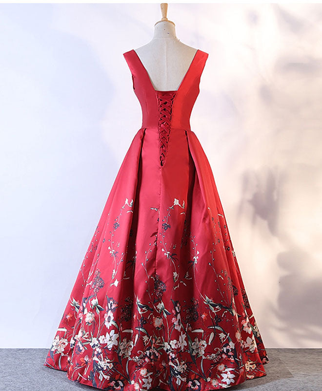 Elegant Red Floral Long Prom Dress for Women - Formal Evening Gown for Homecoming, Wedding, and Special Occasions