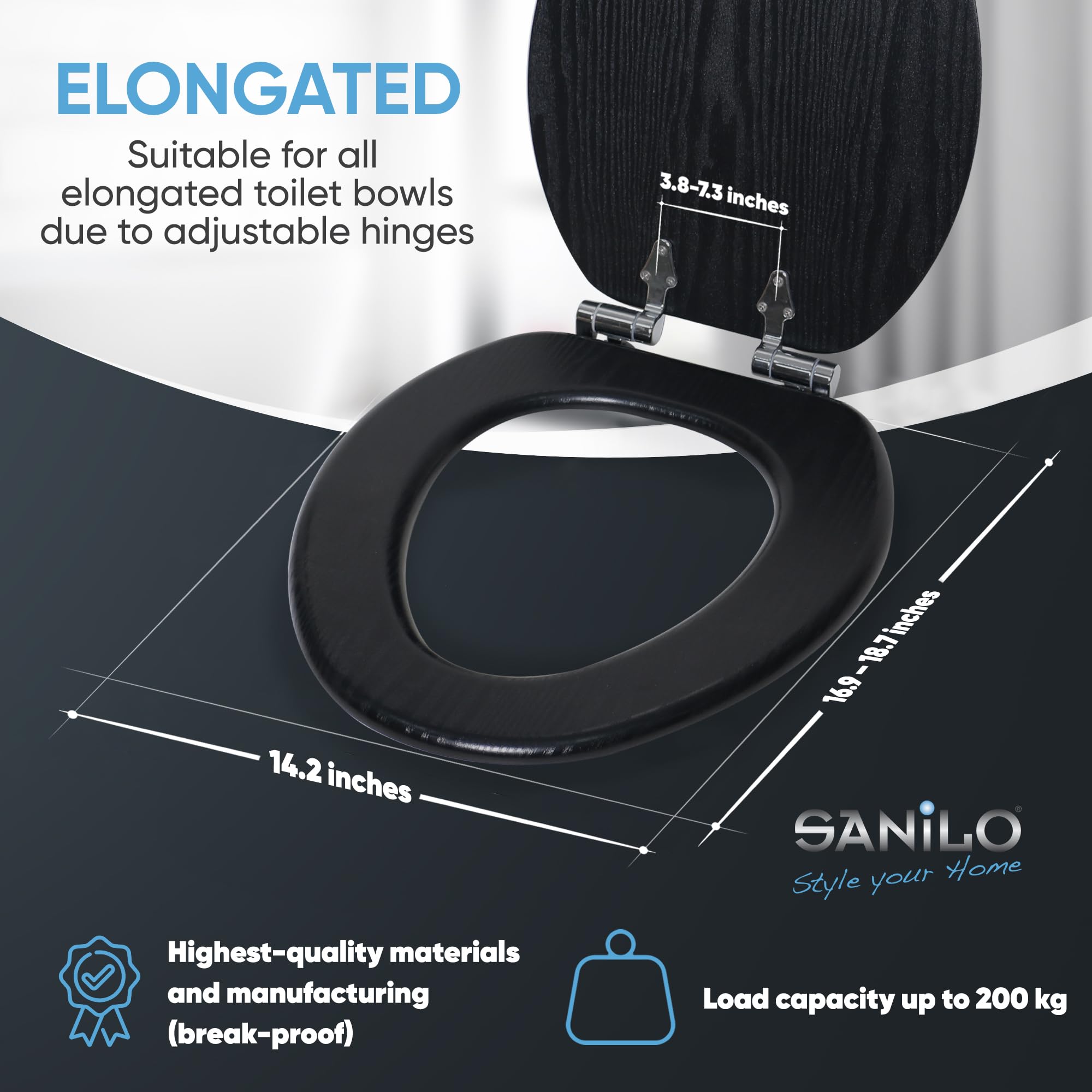 Sanilo Soft Close Elongated Toilet Seat with Quiet Slow Close Lid - Durable Hinges & Bumpers - Black Wood Finish for Bathroom Upgrade & Home Comfort