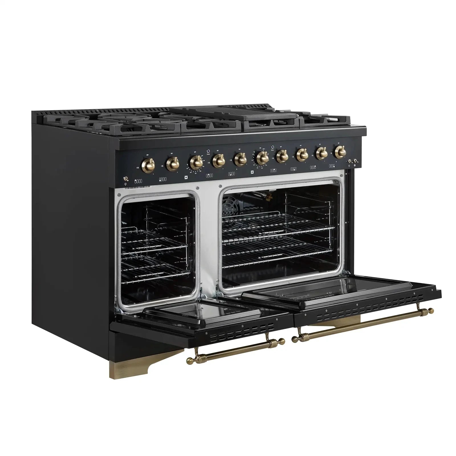 **Forno Antico 48-Inch Dual Fuel Range with 8 Gas Burners & Electric Convection Oven - Black Finish & Antique Brass Trim (Model FFSGS6113 48BLK) - Perfect for Professional Kitchens & Home Chefs**