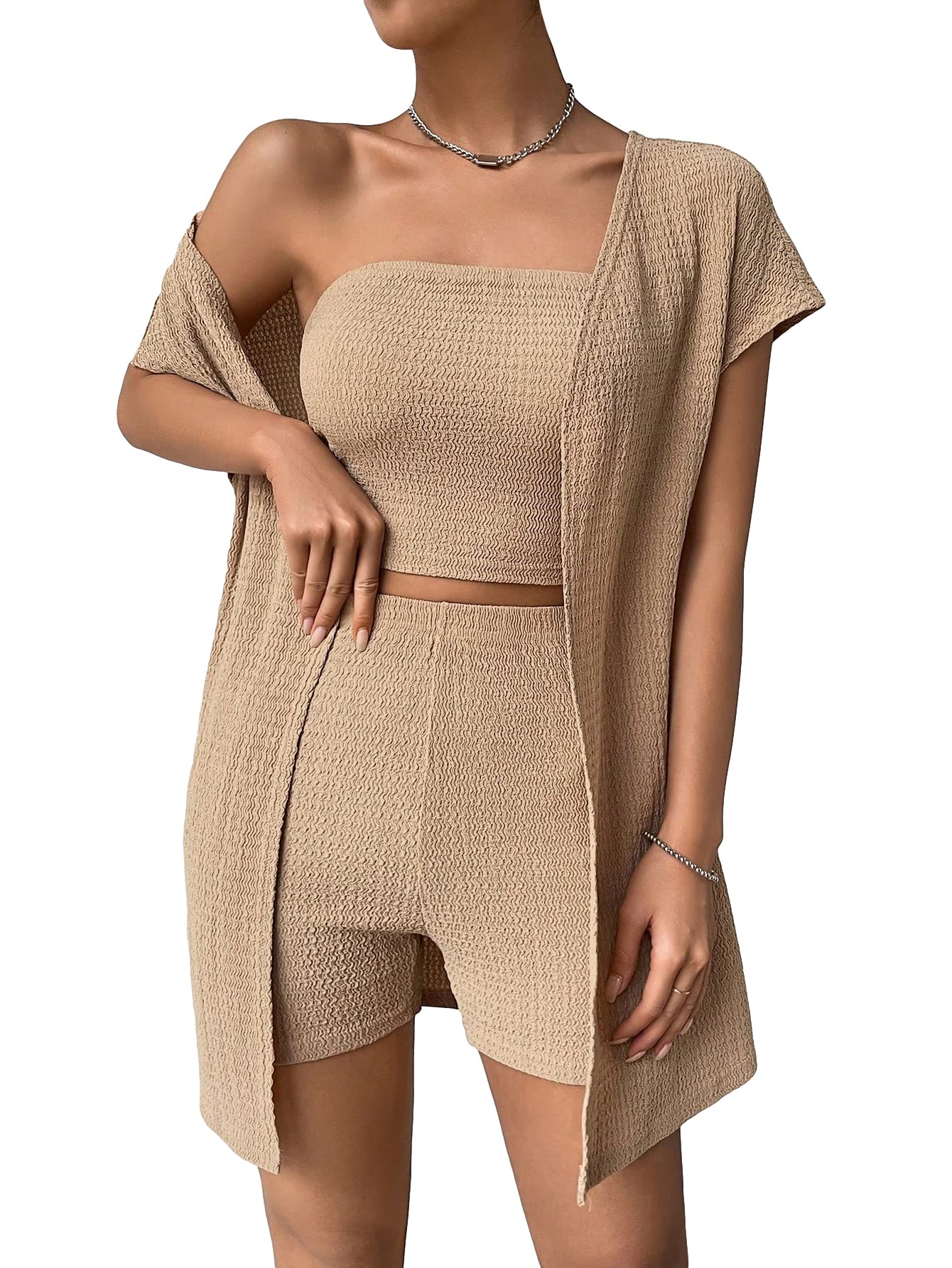 Milumia Women's 3 Piece Knit Outfit Set - Tube Top, Shorts & Short Sleeve Cardigan | Summer Beachwear, Casual Street Style & Vacation Outfits