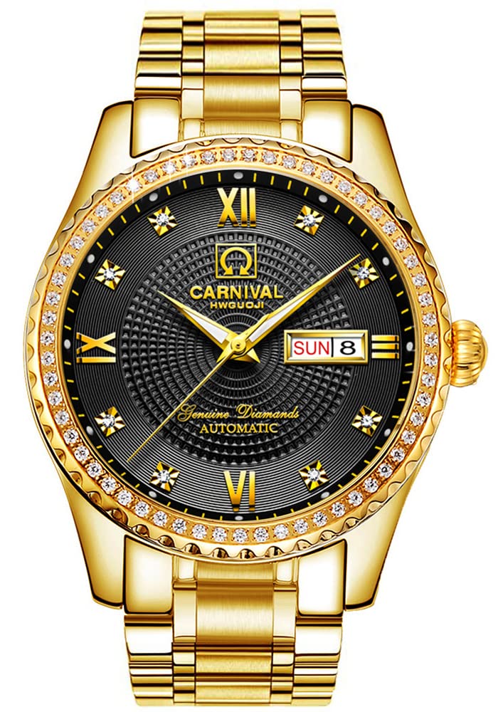 Luxury Automatic Men's Watch - Gold Stainless Steel Case with Sapphire Crystal Glass, Waterproof Black Dial Watch for Business & Formal Occasions