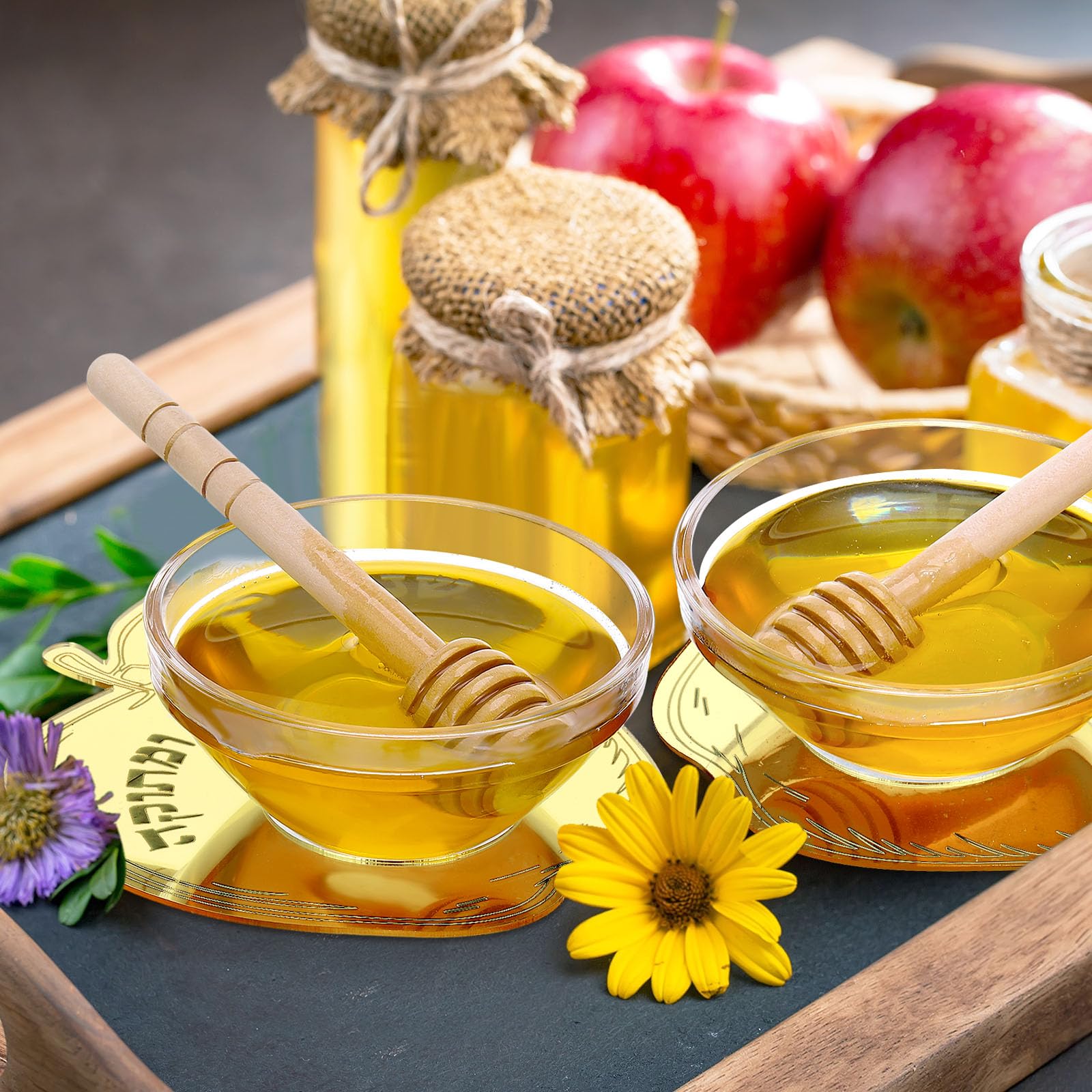 6 Sets Acrylic Apple Honey Dish with Dipping Spoon - Rosh Hashanah Jewish New Year Decoration for Holiday Gifts & Party Favors (Gold) - Perfect for Festive Celebrations, Home Decor, and Sweet Traditions