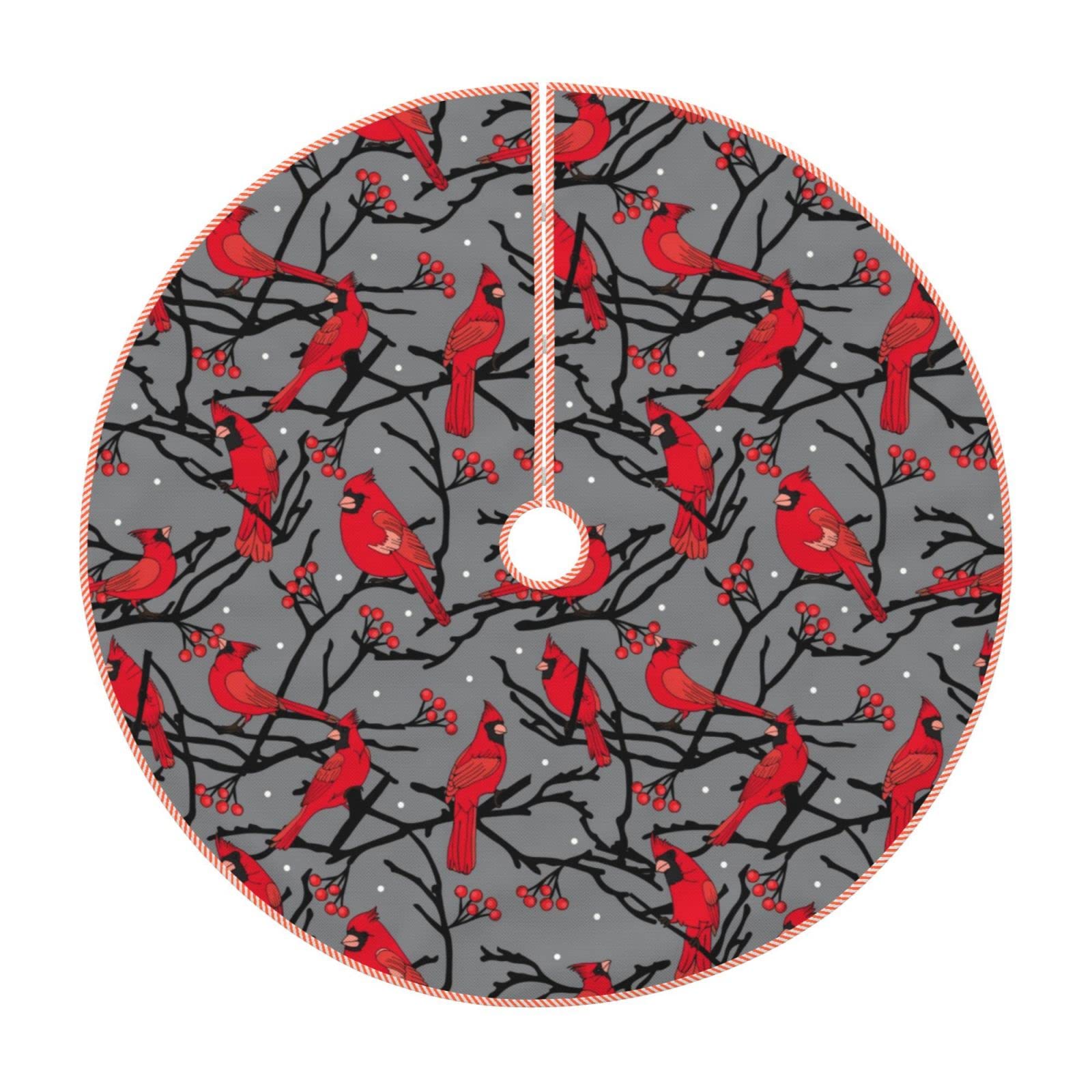 30 Inch Christmas Tree Skirt with Red Cardinals & Berries - Rustic Farmhouse Winter Scene Holiday Decor for Indoor/Outdoor Xmas Party Decoration
