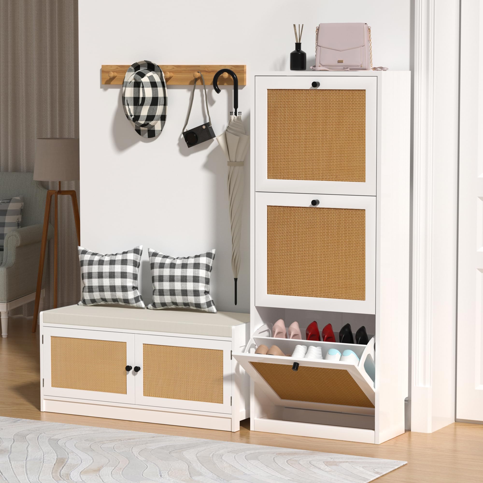 Anmytek 3-Tier Rattan Shoe Storage Cabinet with Flip Drawers - White Entryway Organizer for Hallway, Living Room & Bedroom | Wooden Shoe Rack with 3 Compartments | Perfect for Small Spaces & Home Decor (Model S0003)