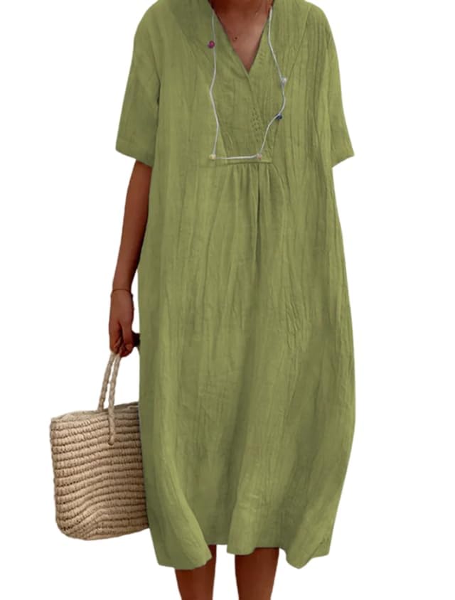 Women's Summer V-Neck Linen Dress - Loose Fit Half Sleeve Solid Color Casual Dress for Beach, Vacation & Everyday Wear
