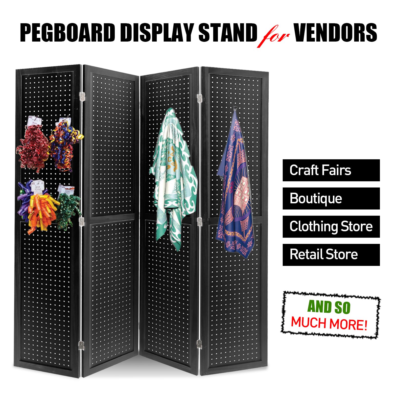Babion 4-Panel Pegboard Display - Freestanding Folding Room Divider & Privacy Screen for Craft Shows, Trade Shows, and Retail Displays - Black (Ideal for Home Offices, Studios, and Event Booths)