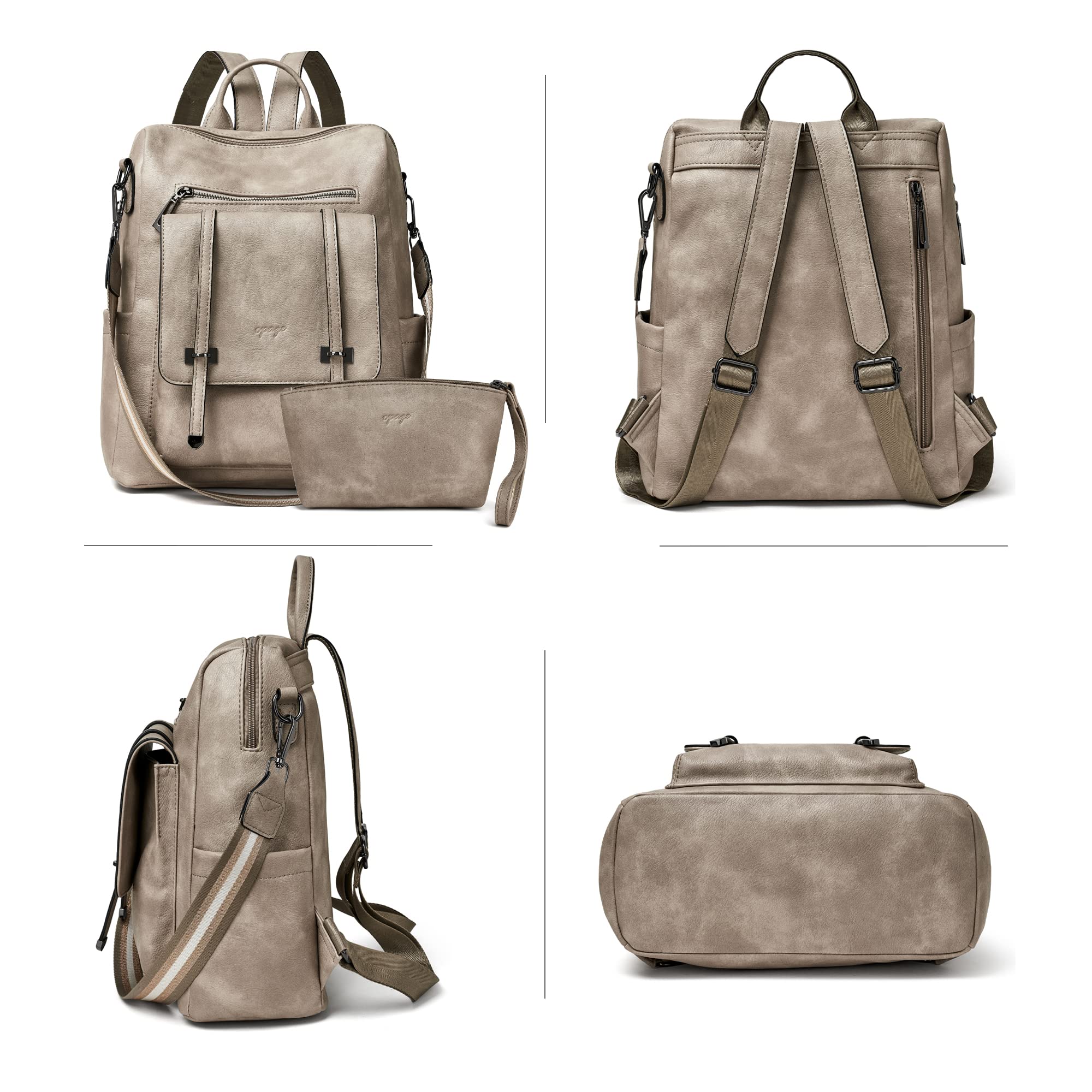 OPAGE Women's Leather Backpack Purse - 14 Inch Fashion Designer Shoulder Bag with Wristlet Strap, Grey - Perfect for Travel, Work & Daily Commute