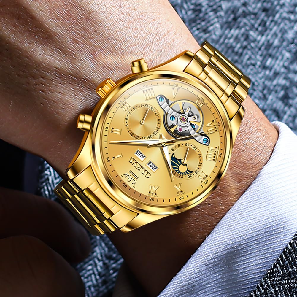 OLEVS Men's Automatic Skeleton Tourbillon Watch - Self-Winding Luxury Dress Watch with Diamond Accents, Stainless Steel, Waterproof, Luminous Hands, Moon Phase & Day Date Display - Perfect for Business, Formal Events & Gift Giving