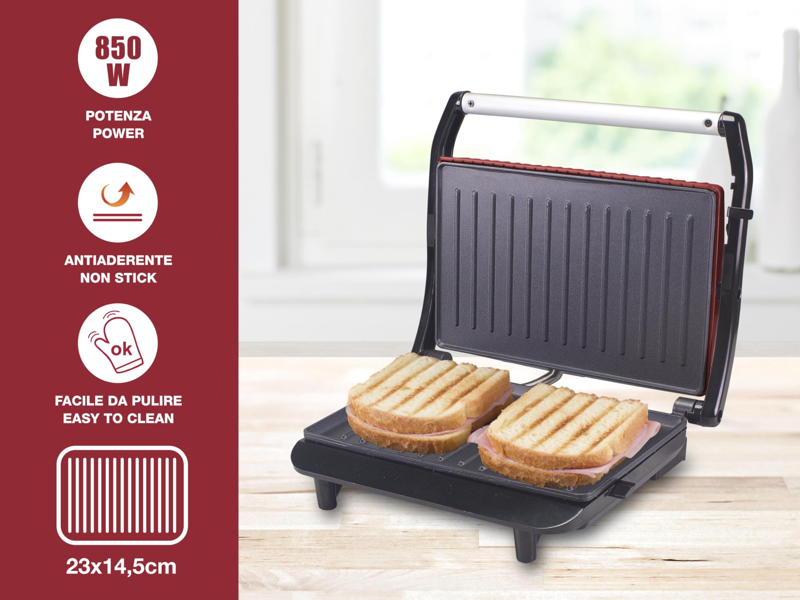 BEPER P101TOS002 850W Electric Panini Press & Sandwich Maker with Non-Stick Plates, Heat-Resistant Handle, Red - Perfect for Home, Office, and Restaurant Use