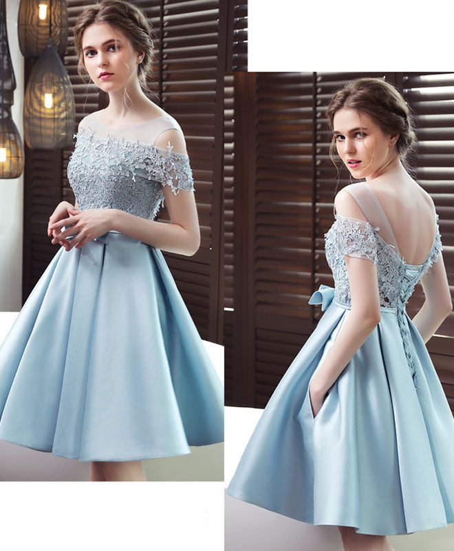 Elegant Royal Blue Satin Scoop Neck Lace Short Prom Dress - Homecoming Party, Cocktail Event, Formal Dance, Sweet 16 Celebration