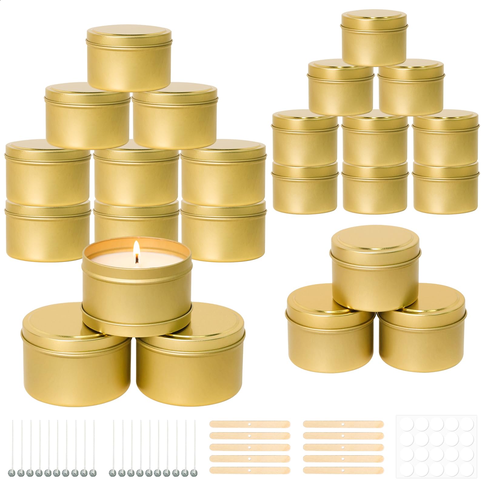 SUPMIND 24 Pack Candle Tins - 12pcs 8oz & 12pcs 4oz Gold Metal Candle Containers for DIY Candle Making, Empty Candle Tins with Wick Kit - Perfect for Home Decor, Gifts, and Aromatherapy