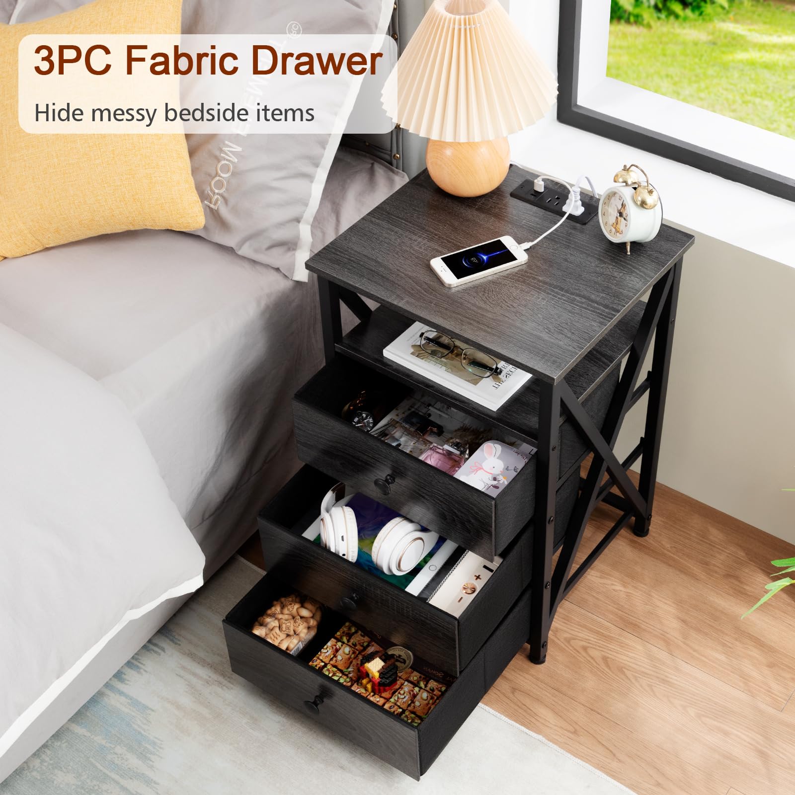 AMHANCIBLE LED Nightstand Set of 2 with USB Charging Station & Power Outlet - Modern Bedside Tables with Fabric Drawers for Bedroom & Living Room - Dark Grey End Tables (HET053LDG) - Perfect for Small Spaces & Apartment Decor